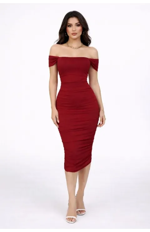 Kadın Madonna Yaka Drapeli Midi Elbise Likralı Vücuda Oturan Davet Elbisesi - Bordo