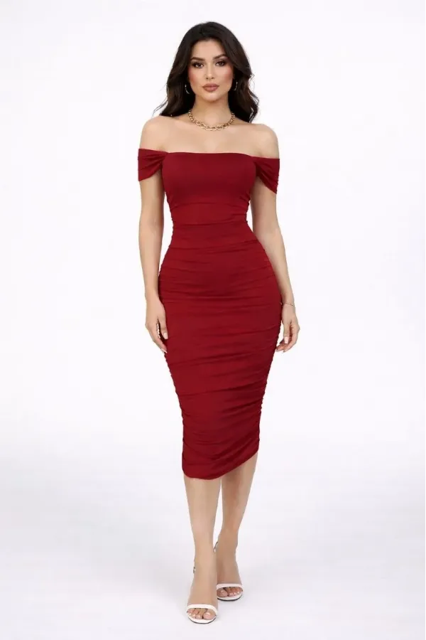 Kadın Madonna Yaka Drapeli Midi Elbise Likralı Vücuda Oturan Davet Elbisesi - Bordo