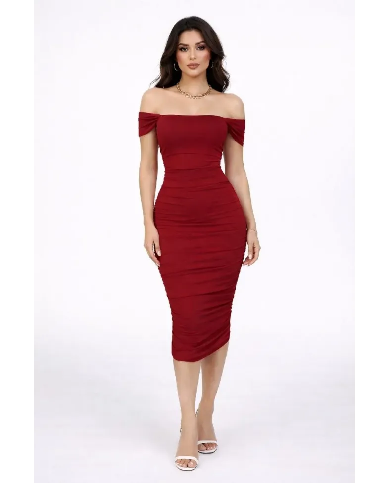 Kadın Madonna Yaka Drapeli Midi Elbise Likralı Vücuda Oturan Davet Elbisesi - Bordo