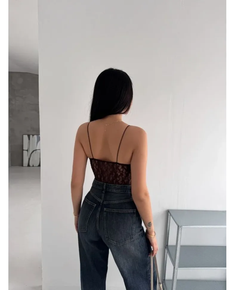 Kadın Dantel Detaylı Derin Dekolte Body Şık Kolsuz Yazlık Bodysuit - Kahvrenegi