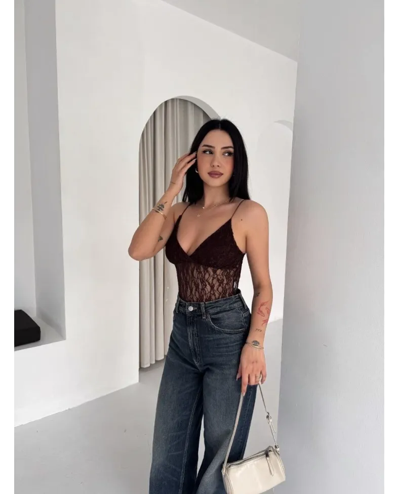 Kadın Dantel Detaylı Derin Dekolte Body Şık Kolsuz Yazlık Bodysuit - Kahvrenegi