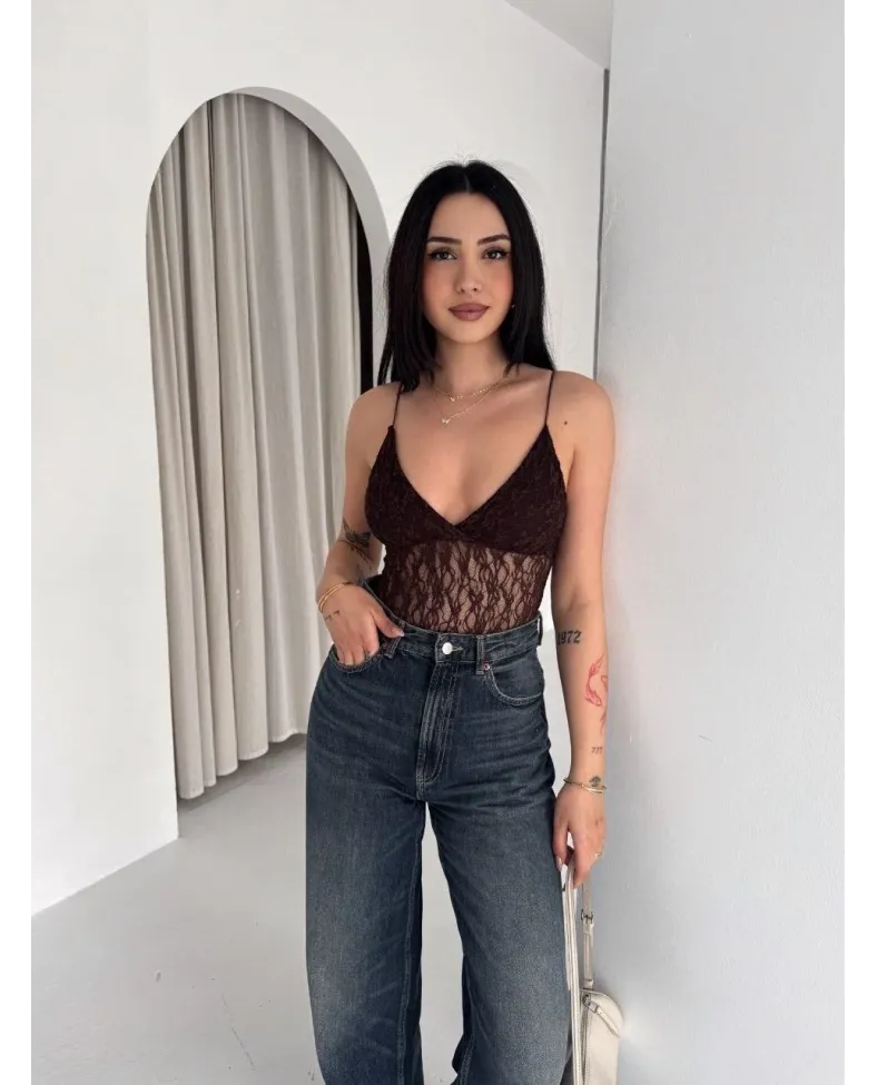 Kadın Dantel Detaylı Derin Dekolte Body Şık Kolsuz Yazlık Bodysuit - Kahvrenegi