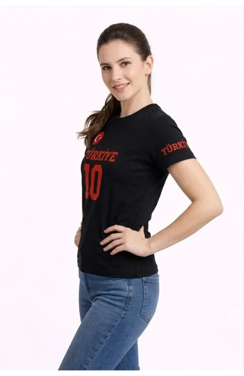 Kadın TÜRKİYE Ay Yıldız Baskılı 10 Numara Forma Tişört Taraftar T-Shirt - Siyah