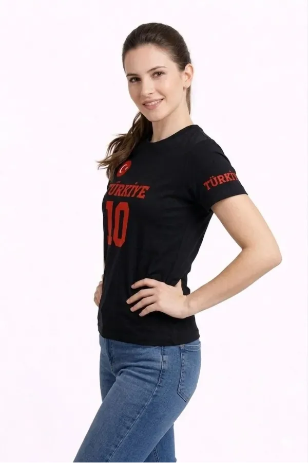 Kadın TÜRKİYE Ay Yıldız Baskılı 10 Numara Forma Tişört Taraftar T-Shirt - Siyah
