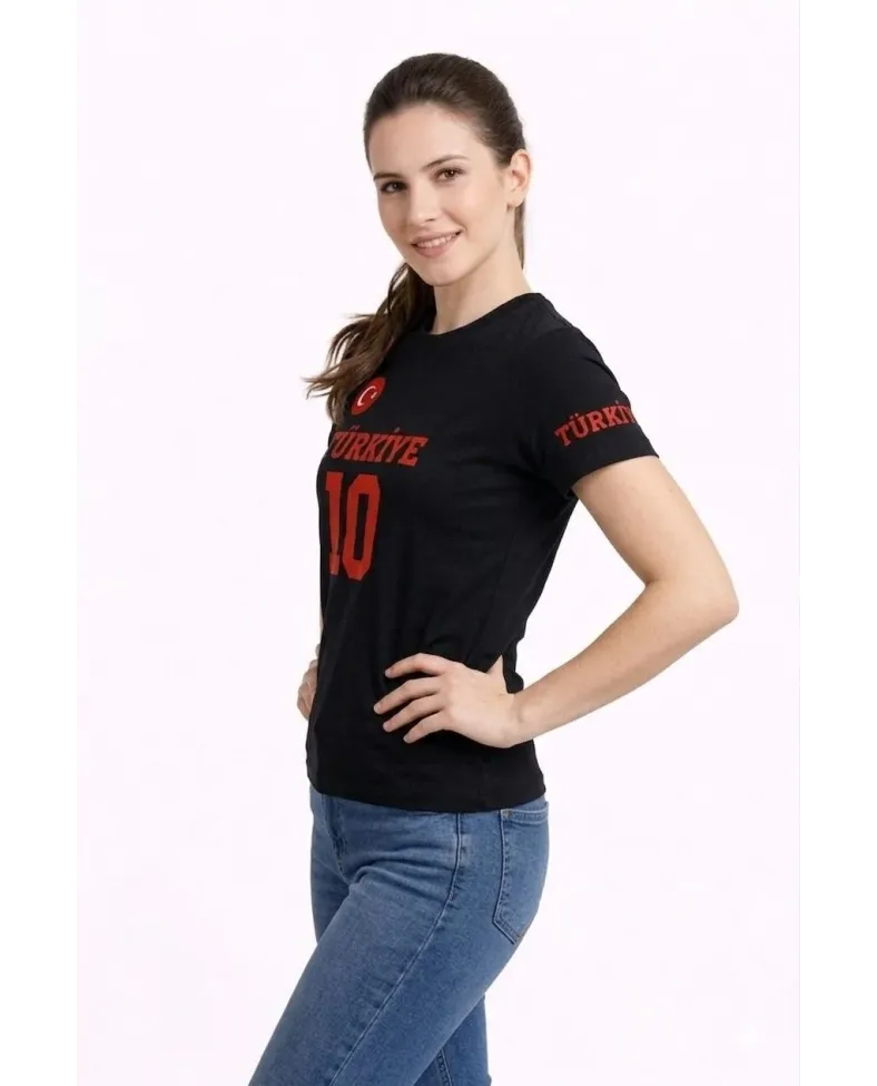 Kadın TÜRKİYE Ay Yıldız Baskılı 10 Numara Forma Tişört Taraftar T-Shirt - Siyah