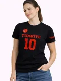 Kadın TÜRKİYE Ay Yıldız Baskılı 10 Numara Forma Tişört Taraftar T-Shirt - Siyah