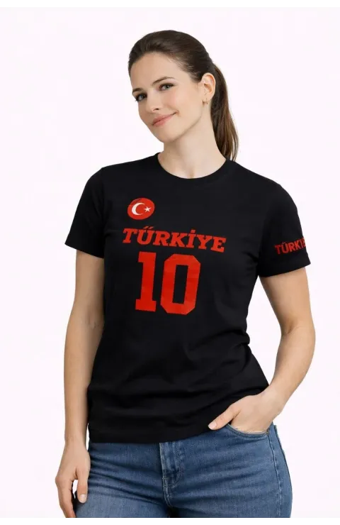 Kadın TÜRKİYE Ay Yıldız Baskılı 10 Numara Forma Tişört Taraftar T-Shirt - Siyah