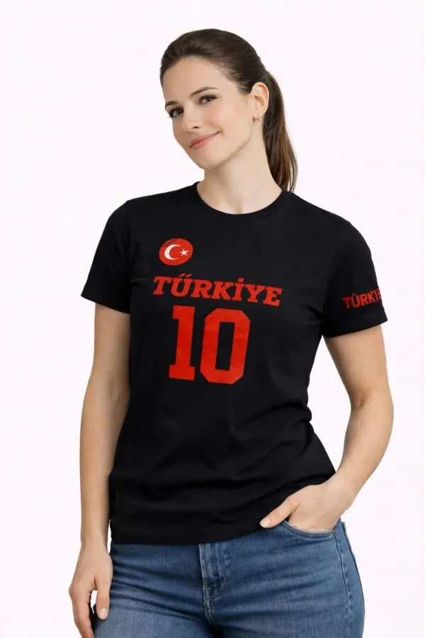 Kadın TÜRKİYE Ay Yıldız Baskılı 10 Numara Forma Tişört Taraftar T-Shirt - Siyah