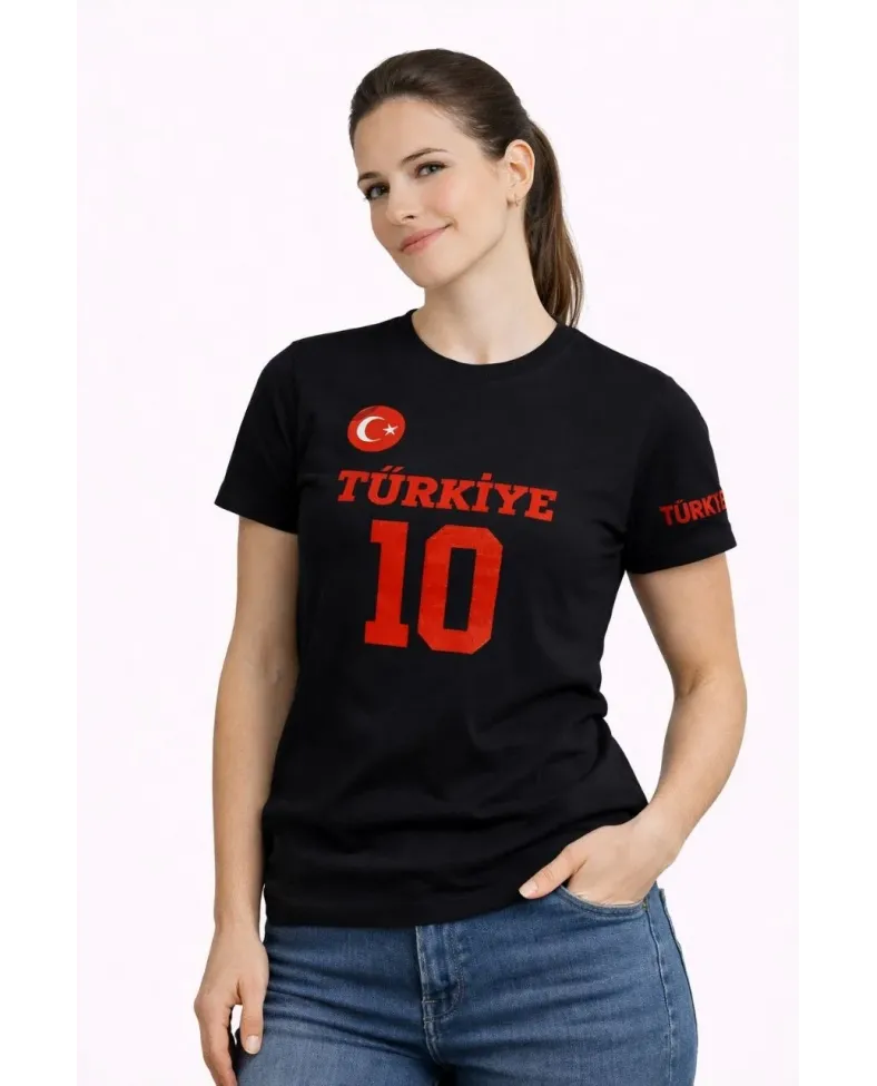 Kadın TÜRKİYE Ay Yıldız Baskılı 10 Numara Forma Tişört Taraftar T-Shirt - Siyah
