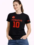 Kadın TÜRKİYE Ay Yıldız Baskılı 10 Numara Forma Tişört Taraftar T-Shirt - Siyah