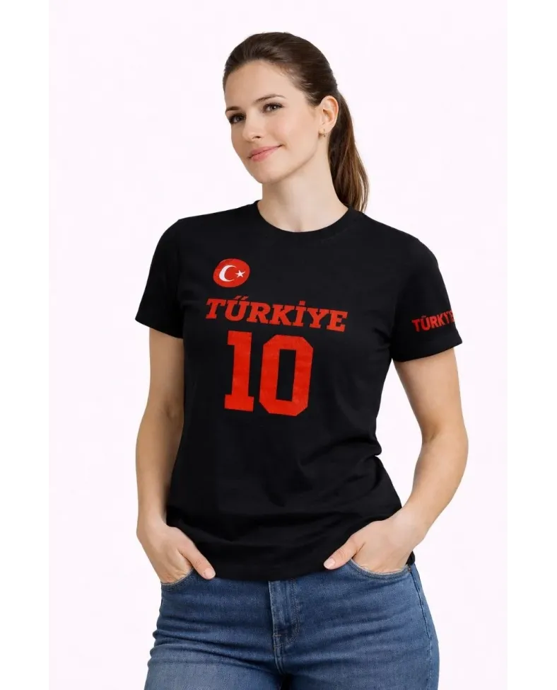 Kadın TÜRKİYE Ay Yıldız Baskılı 10 Numara Forma Tişört Taraftar T-Shirt - Siyah