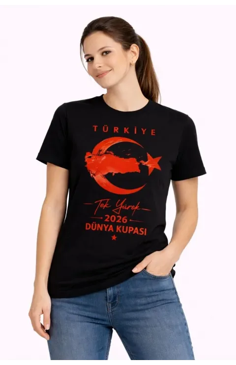 Kadın TÜRKİYE Ay Yıldız 2026 Dünya Kupasi Taraftar Forma T-Shirt - Siyah