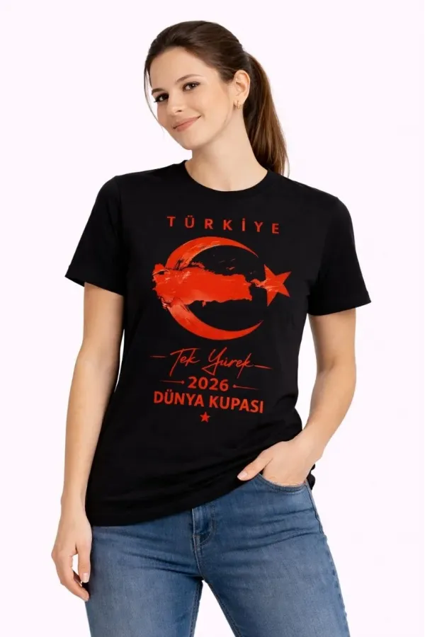 Kadın TÜRKİYE Ay Yıldız 2026 Dünya Kupasi Taraftar Forma T-Shirt - Siyah