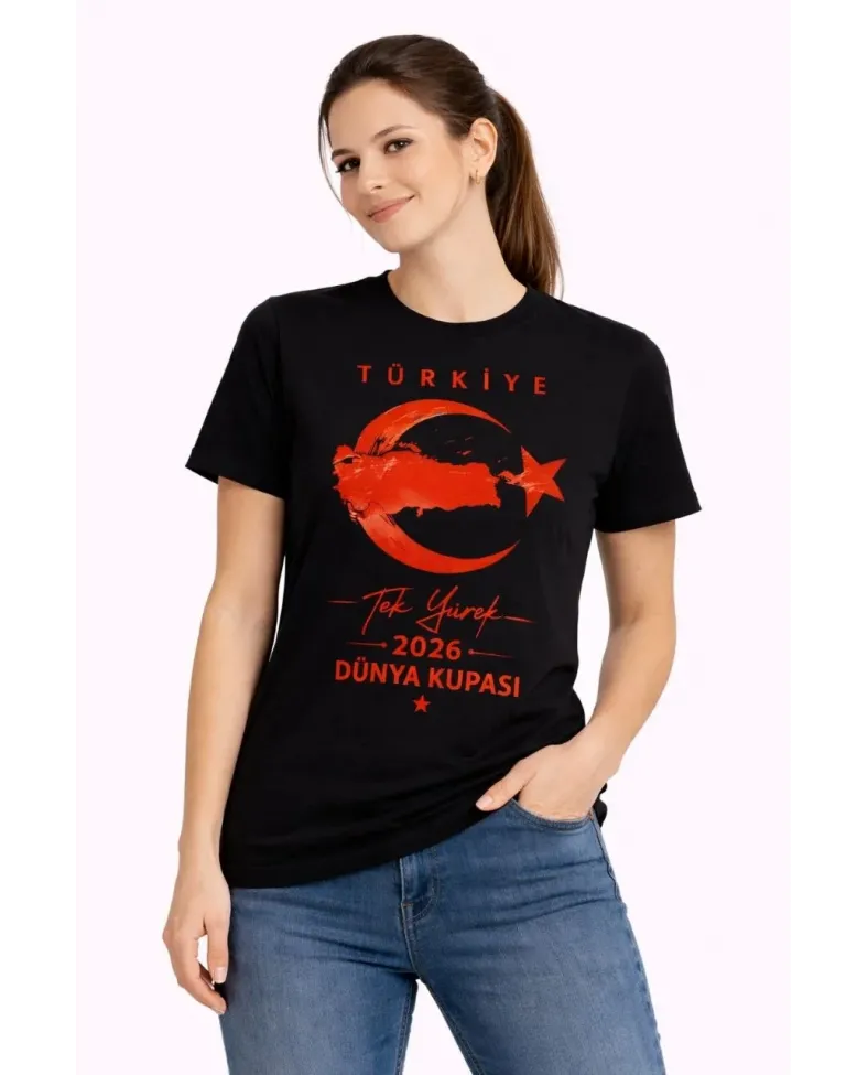 Kadın TÜRKİYE Ay Yıldız 2026 Dünya Kupasi Taraftar Forma T-Shirt - Siyah