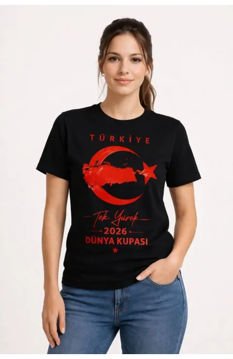 Kadın TÜRKİYE Ay Yıldız 2026 Dünya Kupasi Taraftar Forma T-Shirt - Siyah
