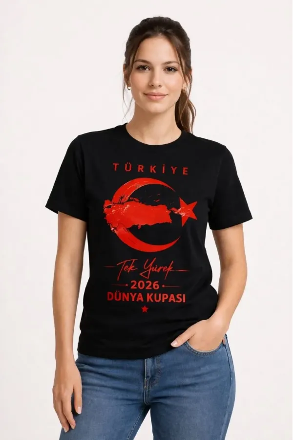Kadın TÜRKİYE Ay Yıldız 2026 Dünya Kupasi Taraftar Forma T-Shirt - Siyah