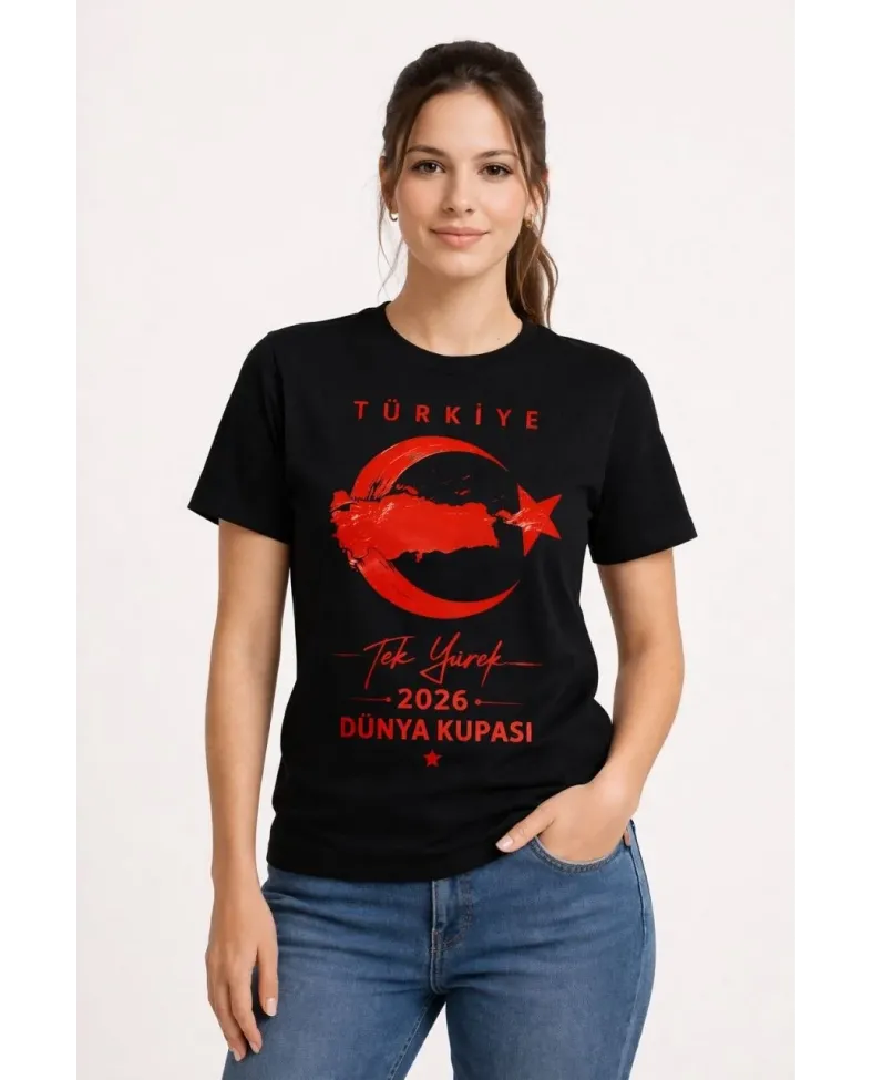 Kadın TÜRKİYE Ay Yıldız 2026 Dünya Kupasi Taraftar Forma T-Shirt - Siyah