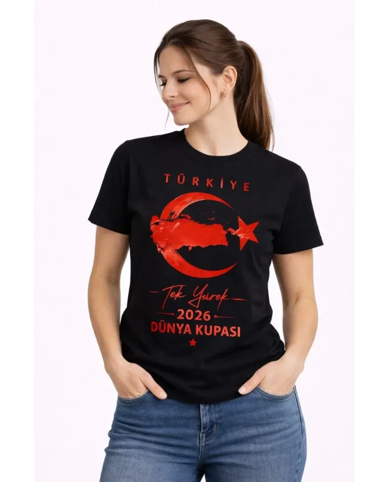 Kadın TÜRKİYE Ay Yıldız 2026 Dünya Kupasi Taraftar Forma T-Shirt - Siyah