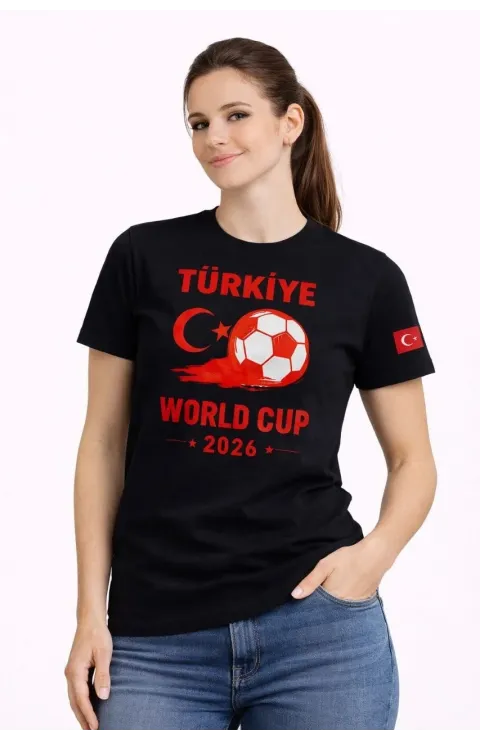 Kadın Türkiye World Cup 2026 Baskılı Tişört Futbol Temalı Forma T-Shirt - Siyah