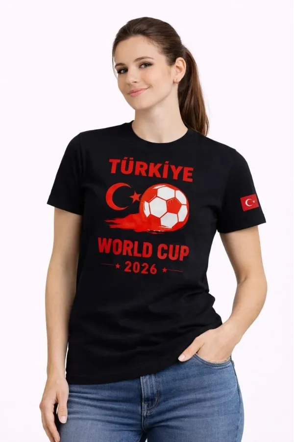 Kadın Türkiye World Cup 2026 Baskılı Tişört Futbol Temalı Forma T-Shirt - Siyah