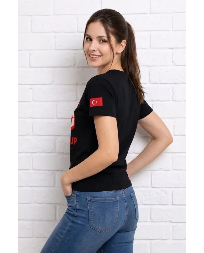 Kadın Türkiye World Cup 2026 Baskılı Tişört Futbol Temalı Forma T-Shirt - Siyah