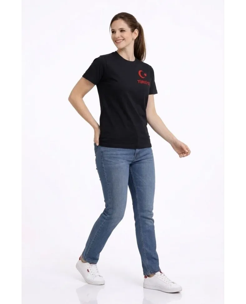 Kadın TÜRKİYE Ay Yıldız Baskılı Taraftar Forma T-Shirt - Siyah