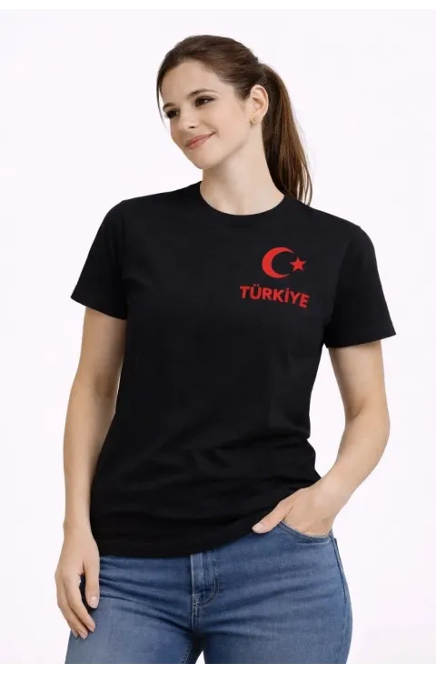 Kadın TÜRKİYE Ay Yıldız Baskılı Taraftar Forma T-Shirt - Siyah