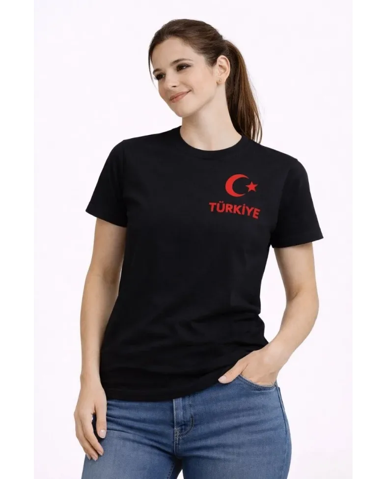 Kadın TÜRKİYE Ay Yıldız Baskılı Taraftar Forma T-Shirt - Siyah