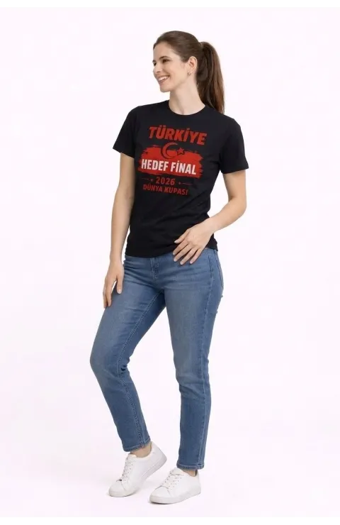 Kadın TÜRKİYE Baskılı Tişört Ay Yıldız 2026 Dünya Kupası Taraftar Forma T-Shirt - Siyah