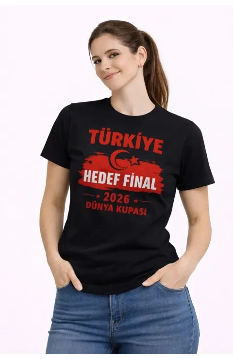 Kadın TÜRKİYE Baskılı Tişört Ay Yıldız 2026 Dünya Kupası Taraftar Forma T-Shirt - Siyah