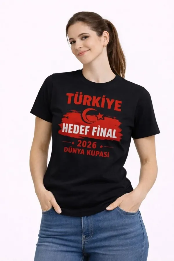 Kadın TÜRKİYE Baskılı Tişört Ay Yıldız 2026 Dünya Kupası Taraftar Forma T-Shirt - Siyah