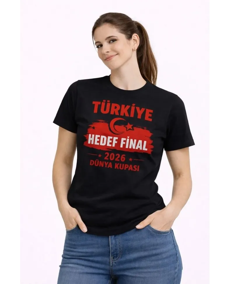 Kadın TÜRKİYE Baskılı Tişört Ay Yıldız 2026 Dünya Kupası Taraftar Forma T-Shirt - Siyah