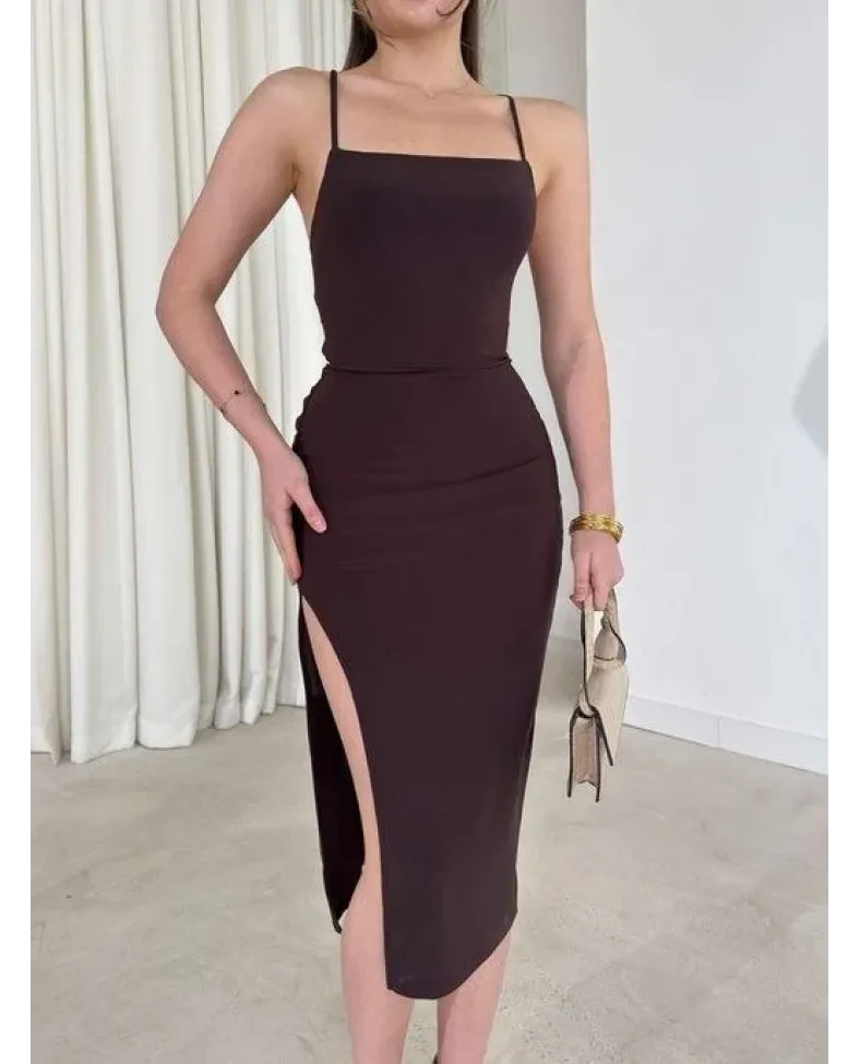 Kadın İp Askılı Sırt Dekolteli Bağlama Detaylı Yırtmaçlı Midi Elbise - Kahverengi