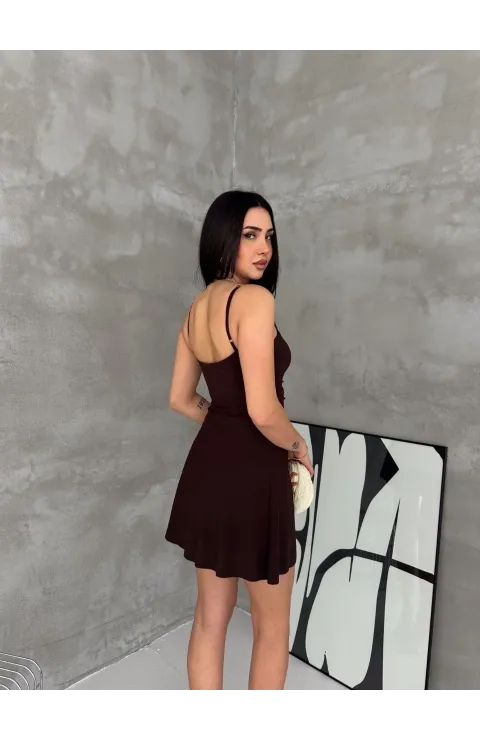 Kadın Askılı Şifon Mini Elbise Drapeli Bel Vücuda Oturan Yazlık Şık - Kahverengi