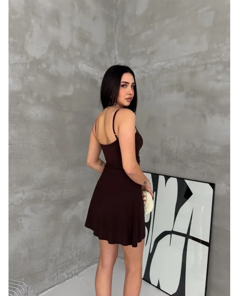 Kadın Askılı Şifon Mini Elbise Drapeli Bel Vücuda Oturan Yazlık Şık - Kahverengi