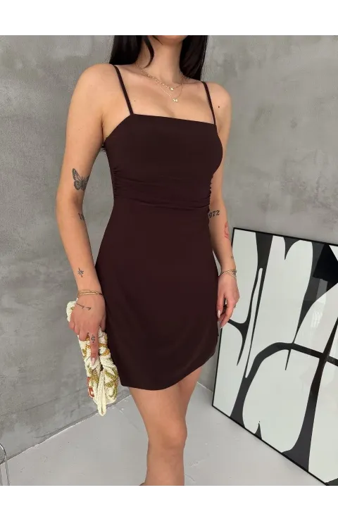 Kadın Askılı Şifon Mini Elbise Drapeli Bel Vücuda Oturan Yazlık Şık - Kahverengi