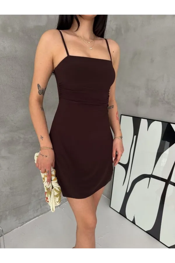 Kadın Askılı Şifon Mini Elbise Drapeli Bel Vücuda Oturan Yazlık Şık - Kahverengi