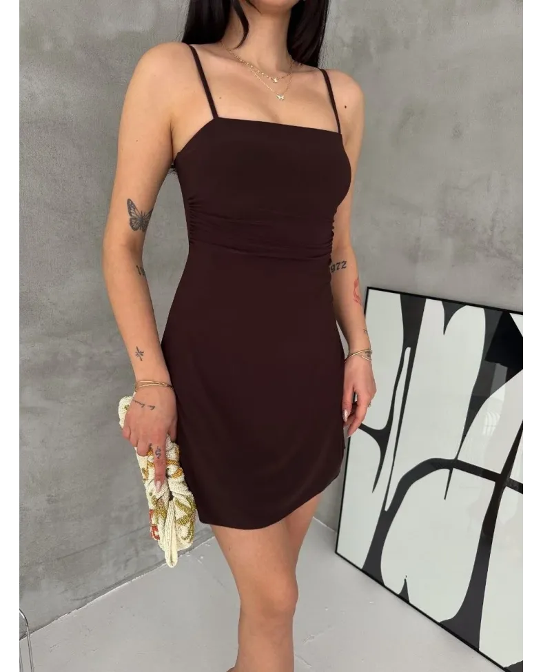 Kadın Askılı Şifon Mini Elbise Drapeli Bel Vücuda Oturan Yazlık Şık - Kahverengi