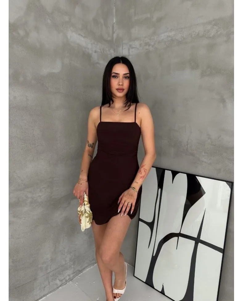 Kadın Askılı Şifon Mini Elbise Drapeli Bel Vücuda Oturan Yazlık Şık - Kahverengi