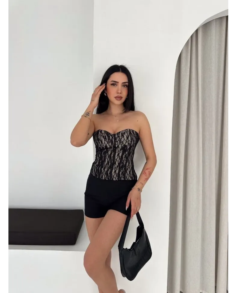 Kadın Fermuarlı Dantel Korse Straplez Bustiyer Transparan Şık Top - Bej