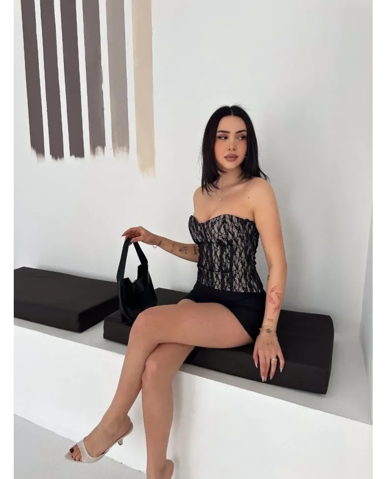 Kadın Fermuarlı Dantel Korse Straplez Bustiyer Transparan Şık Top - Bej