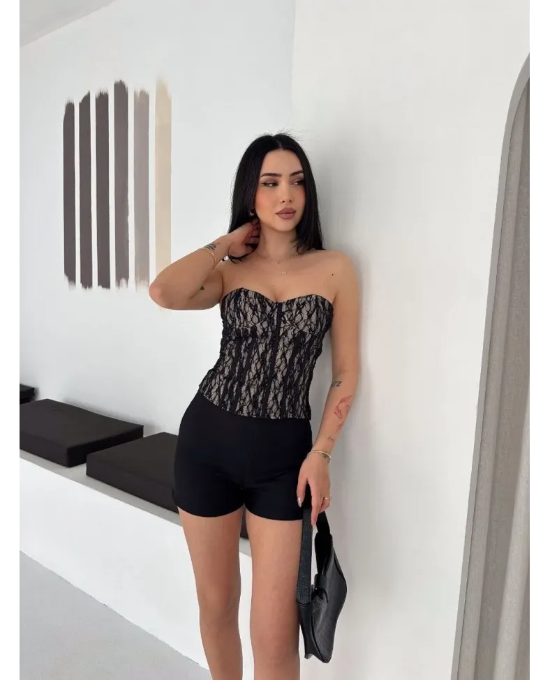 Kadın Fermuarlı Dantel Korse Straplez Bustiyer Transparan Şık Top - Bej