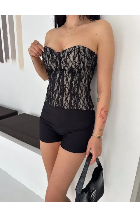 Kadın Fermuarlı Dantel Korse Straplez Bustiyer Transparan Şık Top - Bej