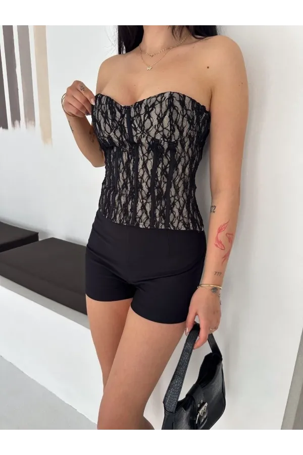 Kadın Fermuarlı Dantel Korse Straplez Bustiyer Transparan Şık Top - Bej