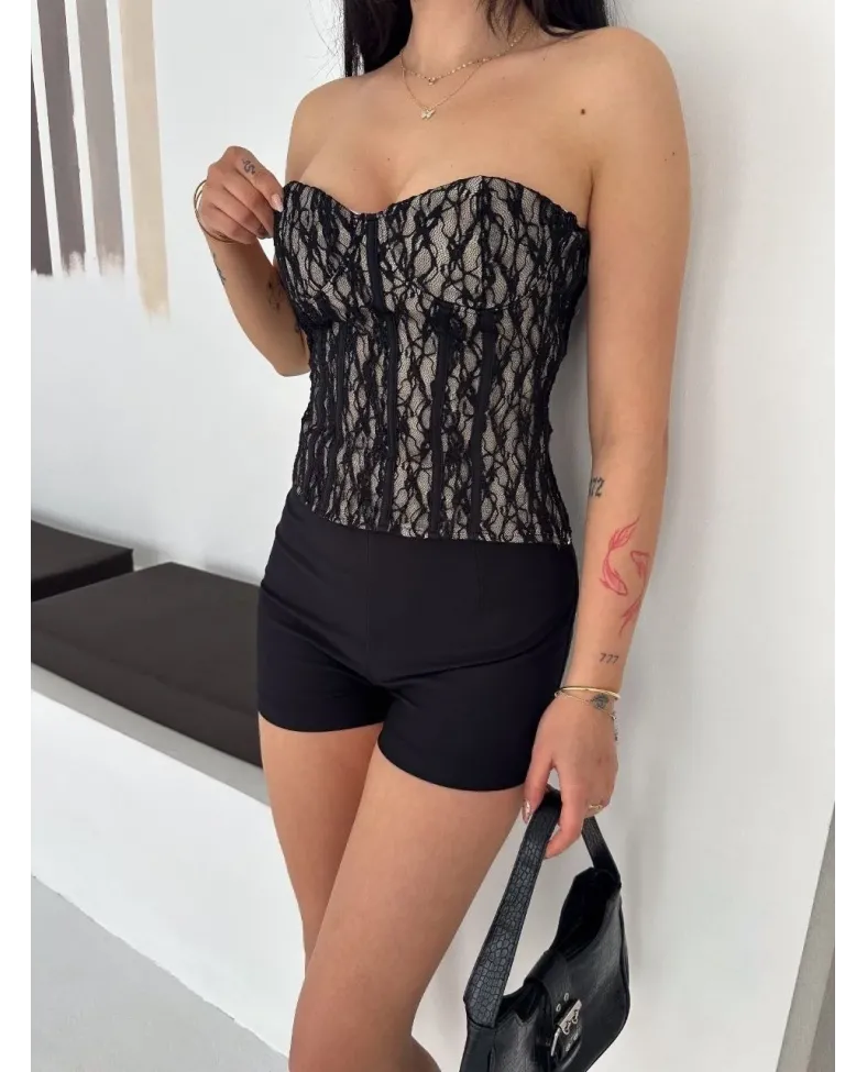 Kadın Fermuarlı Dantel Korse Straplez Bustiyer Transparan Şık Top - Bej