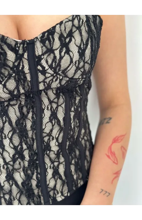 Kadın Fermuarlı Dantel Korse Straplez Bustiyer Transparan Şık Top - Bej