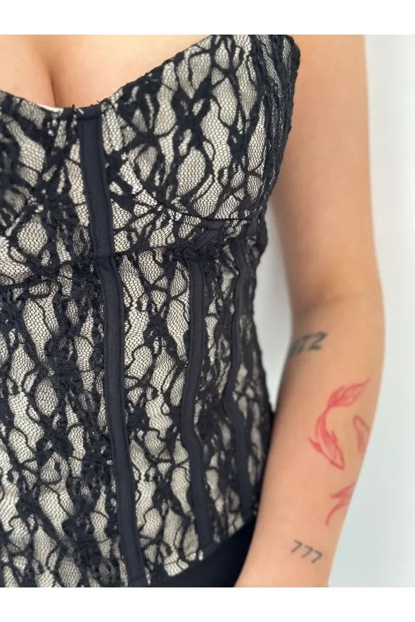 Kadın Fermuarlı Dantel Korse Straplez Bustiyer Transparan Şık Top - Bej