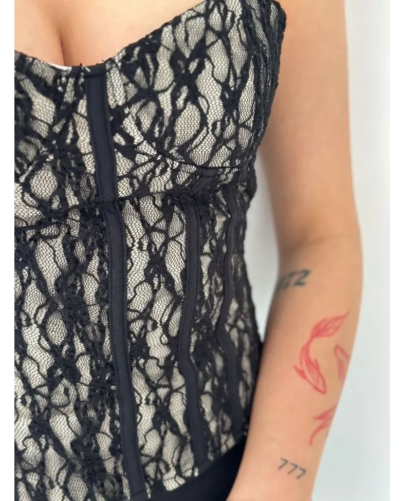 Kadın Fermuarlı Dantel Korse Straplez Bustiyer Transparan Şık Top - Bej