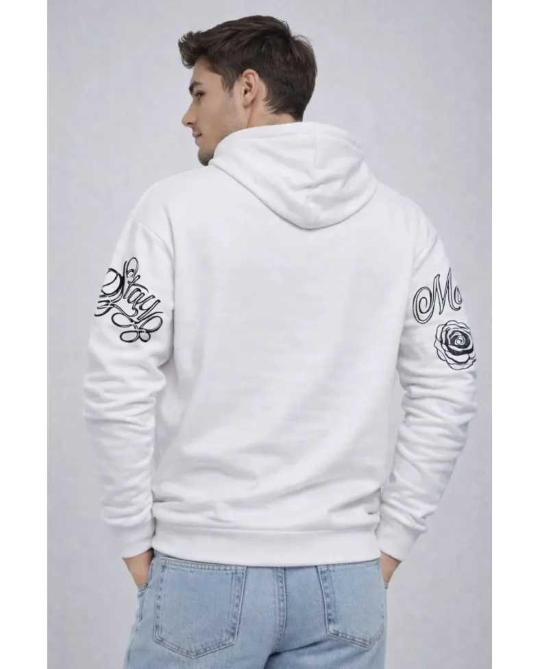 Erkek 3 İplik Pamuklu Kapüşonlu Baskılı SweatShirt hoodie - Beyaz