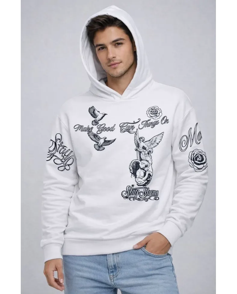 Erkek 3 İplik Pamuklu Kapüşonlu Baskılı SweatShirt hoodie - Beyaz